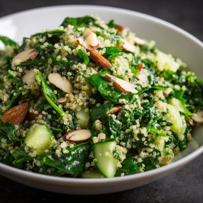 A vibrant salad with spinach, quinoa, and almonds, on a white background with a NutrientShield logo.