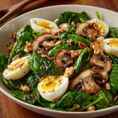 A spinach salad with sliced mushrooms.
