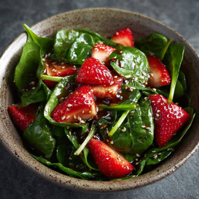 A salad with fresh spinach and sliced strawberries.