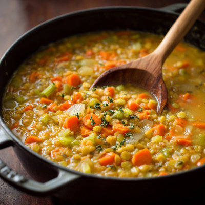 A bowl of creamy split pea soup.