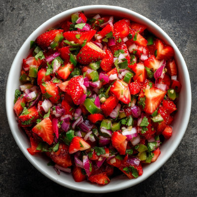 A bowl of fresh strawberry salsa with chopped red onion, jalapeño, and cilantro.