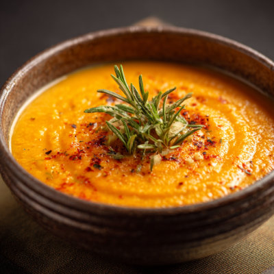 A creamy orange sweet potato soup in a bowl.