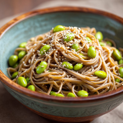 A bowl of noodles with a creamy tahini sauce and vegetables.