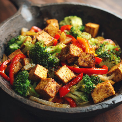 A colorful stir-fry with tofu, broccoli, and bell peppers, on a white background with a NutrientShield logo.