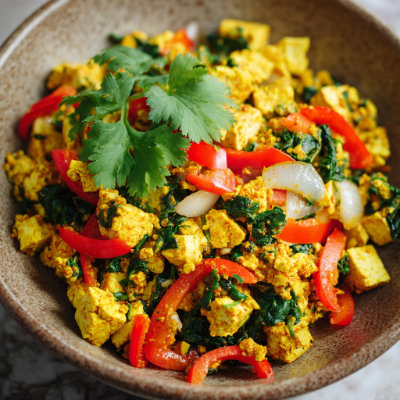 A tofu scramble with spinach and vegetables.