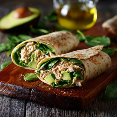 A whole-grain wrap with tuna, spinach, and avocado, on a white background with a NutrientShield logo.