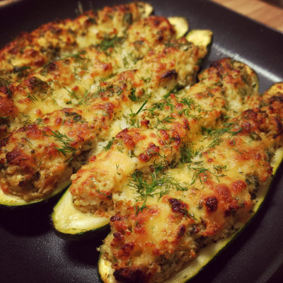 Zucchini boats filled with tuna and cheese, on a white background with a NutrientShield logo.