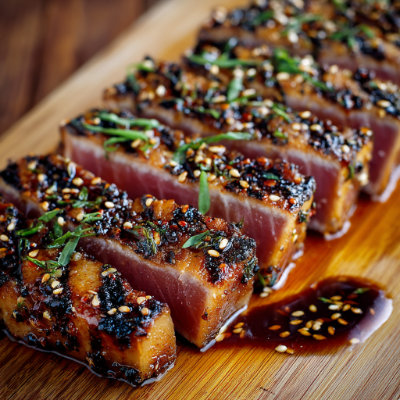 A seared tuna steak with sesame seeds.