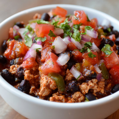 A hearty bowl of turkey and black bean chili with tomatoes, on a white background with a NutrientShield logo.