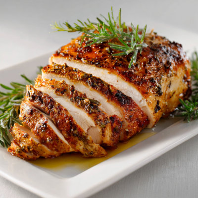 A slice of roasted turkey breast.