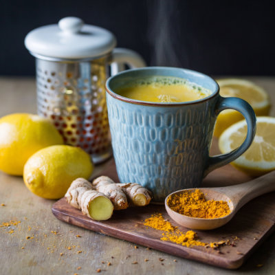 A cup of golden turmeric and ginger tea.
