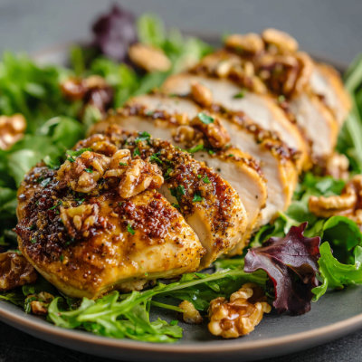 A bowl of chicken salad with walnuts.