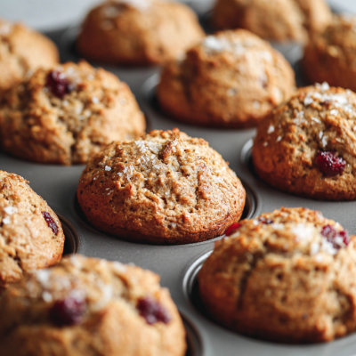 A freshly baked batch of muffins with a rustic, wholesome appearance.