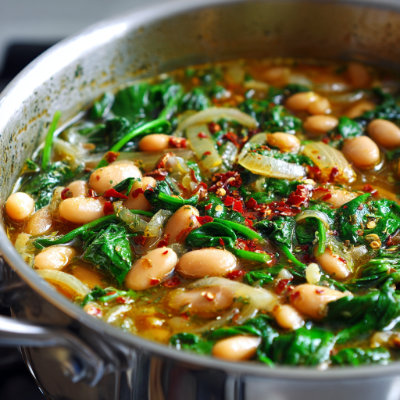 A steaming bowl of white bean soup with spinach and herbs, on a white background with a NutrientShield logo.