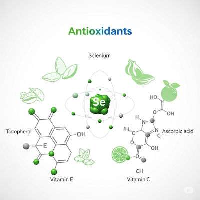 Antioxidants are a group of compounds (Selenium is a mineral, Vitamin E and Vitamin C are vitamins) that combat oxidative stress..