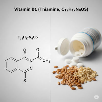 Vitamin B1 molecule with whole grains and pork