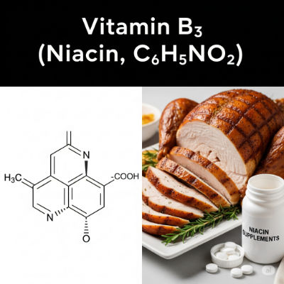 Vitamin B3 molecule with meat and grains