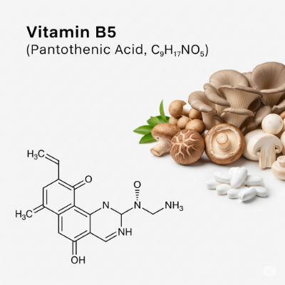 Vitamin B5 molecule with eggs and avocado