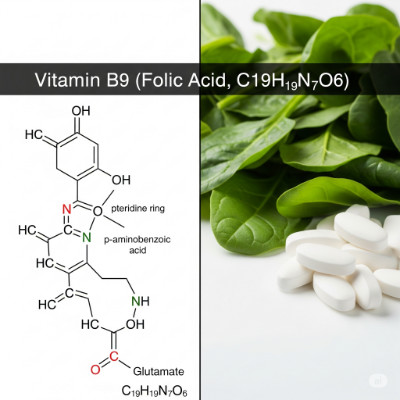Vitamin B9 molecule with leafy greens and grains