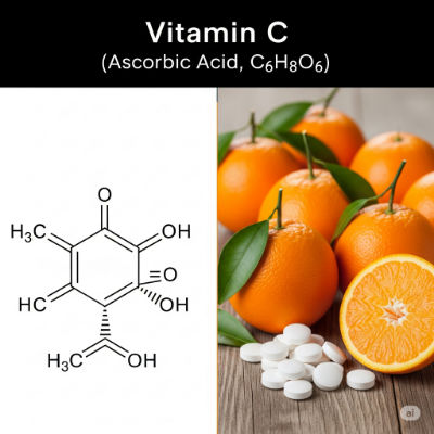 Vitamin C molecule with citrus fruits