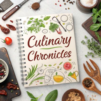 cook book on table with spices around it