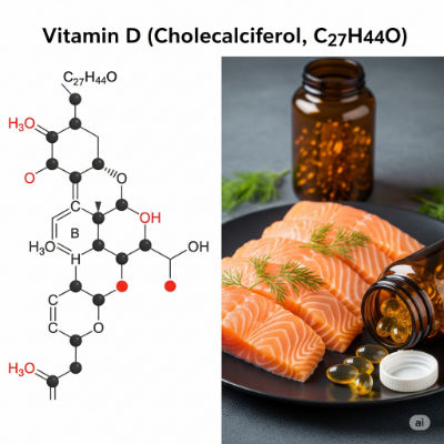 Vitamin D molecule with fish and sun