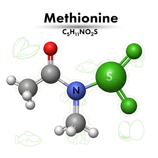 Methionine A sulfur-containing amino acid with a methylthioethyl side chain, crucial for methylation processes and antioxidant defense.