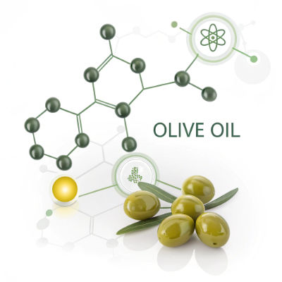 Olive oil structure with olives and olive oil bottle