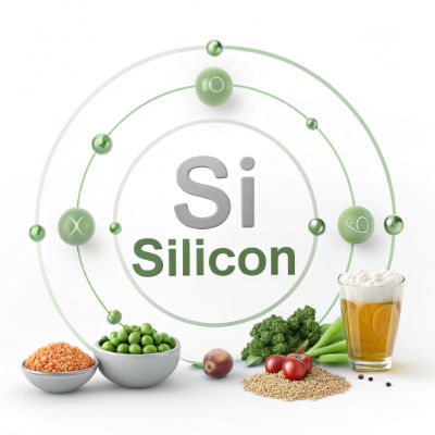 Silicon is a metalloid element, often linked to bone and connective tissue health, represented as a single atom or in a silicate form.